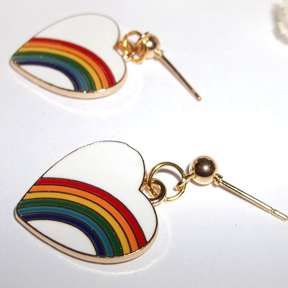Rainbow Earring White Heart Gold Post Costume Jewelry Set Pair Dangle Pride C884 - Picture 4 of 6